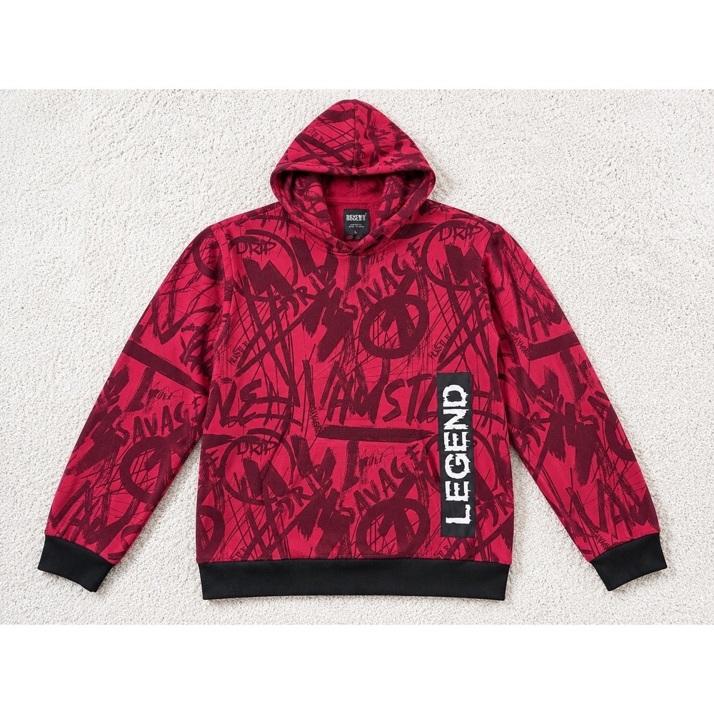 Seven Souls Hoodie Mens Large Red Graffiti Streetwear Legend Pullover